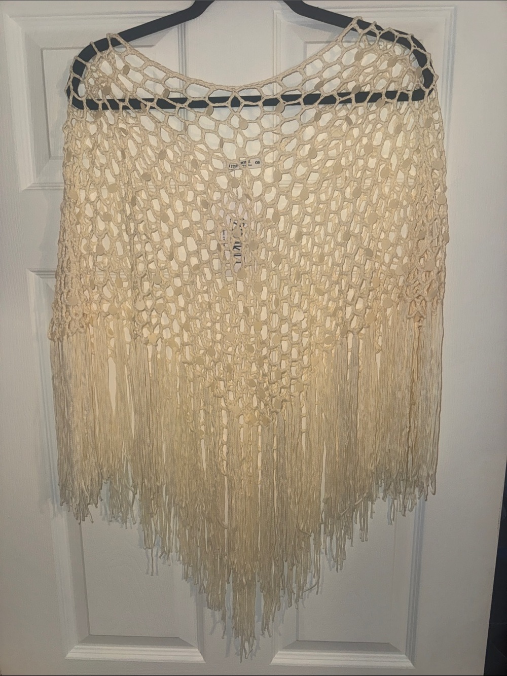 12th Tribe Cream Crochet Fringe Poncho